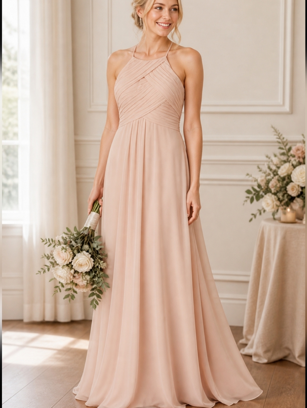pale Blush pink Strappy Draped bodice chiffon halter neck flowy long gown sz 8